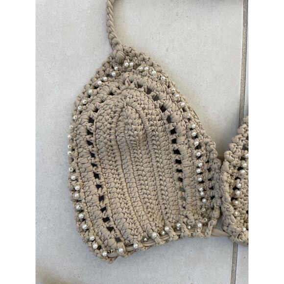 JMP Label Bikini Swim Cabo Crochet Pearl Triangle Swimsuit Pebble - Picture 2 of 13